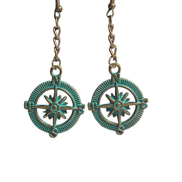 Nautical Compass Dangle Earrings Antique Bronze Patina Chain Hook Beach Core - Picture 1 of 4
